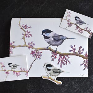 Chickadee Wild Bird Watercolor Prints, 4x6, 8x10, and 11x14
