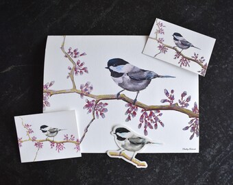 Chickadee Wild Bird Watercolor Prints, 4x6, 8x10, and 11x14