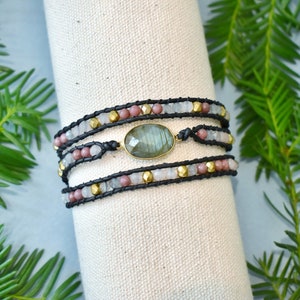 Labradorite and Rose Gemstone Pendant 3 Wrap Leather Bracelet w/ gemstone, gold glass beads and black leather