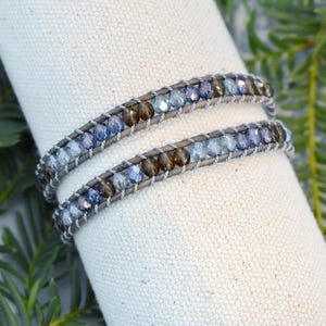 Sadie 2 Wrap Leather Bracelet w/ glass beads and gray leather