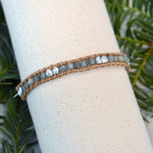 Labradorite and Silver Gemstone 1 Wrap Leather Bracelet w/ gemstone, glass beads and light brown leather
