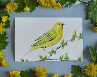 Gele grasmus wilde vogel 4 x 6 aquarelprint
