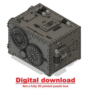 Puede incluir: Un modelo impreso en 3D de una caja de rompecabezas con un diseño complejo que incluye engranajes, tuberías y otros detalles intrincados. La caja está hecha de plástico gris y tiene una superficie texturizada. El texto "Descarga digital" está impreso debajo de la caja.