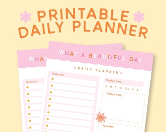May include: Printable daily planner with a pink background and a floral design. The planner includes sections for a to-do list, today's date, today's goal, and a reminder.
