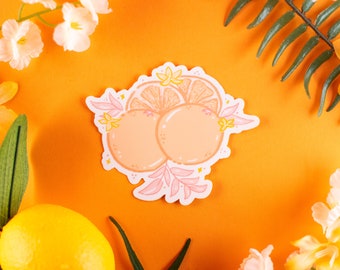 Pastel Pink Leaves and Oranges Sticker, Fruit, Orange Illustration