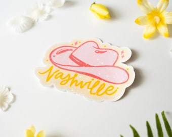 Holographic Nashville Sticker, Pink Cowboy Hat, Cowgirl, Tennessee, Travel