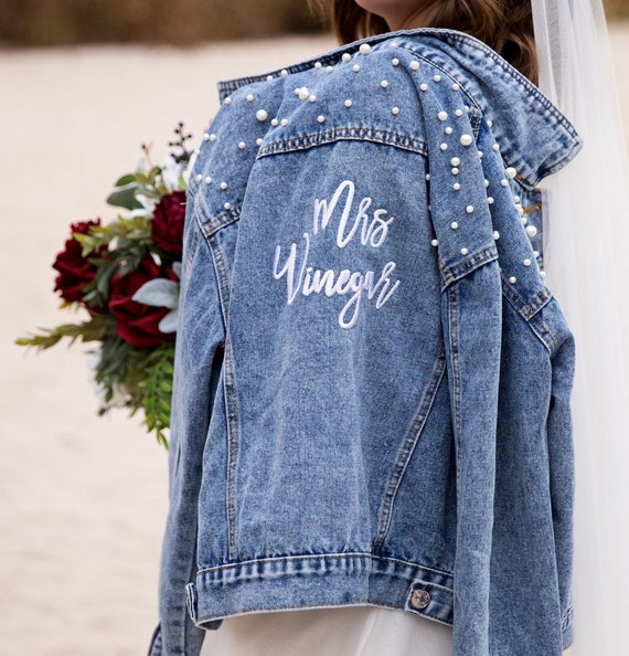 Mrs Pearl Wedding Denim Jacket, Embroidered Pearl Jean Jacket, Mrs Denim Jacket, Bride to Be Jacket, Custom Denim Jacket ,Bridal Jacket