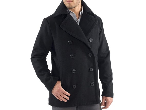Man Double Ted Black Pea Coat Trench Australia Man Double Ted Black Pea Coat, Black Pea Coat Au