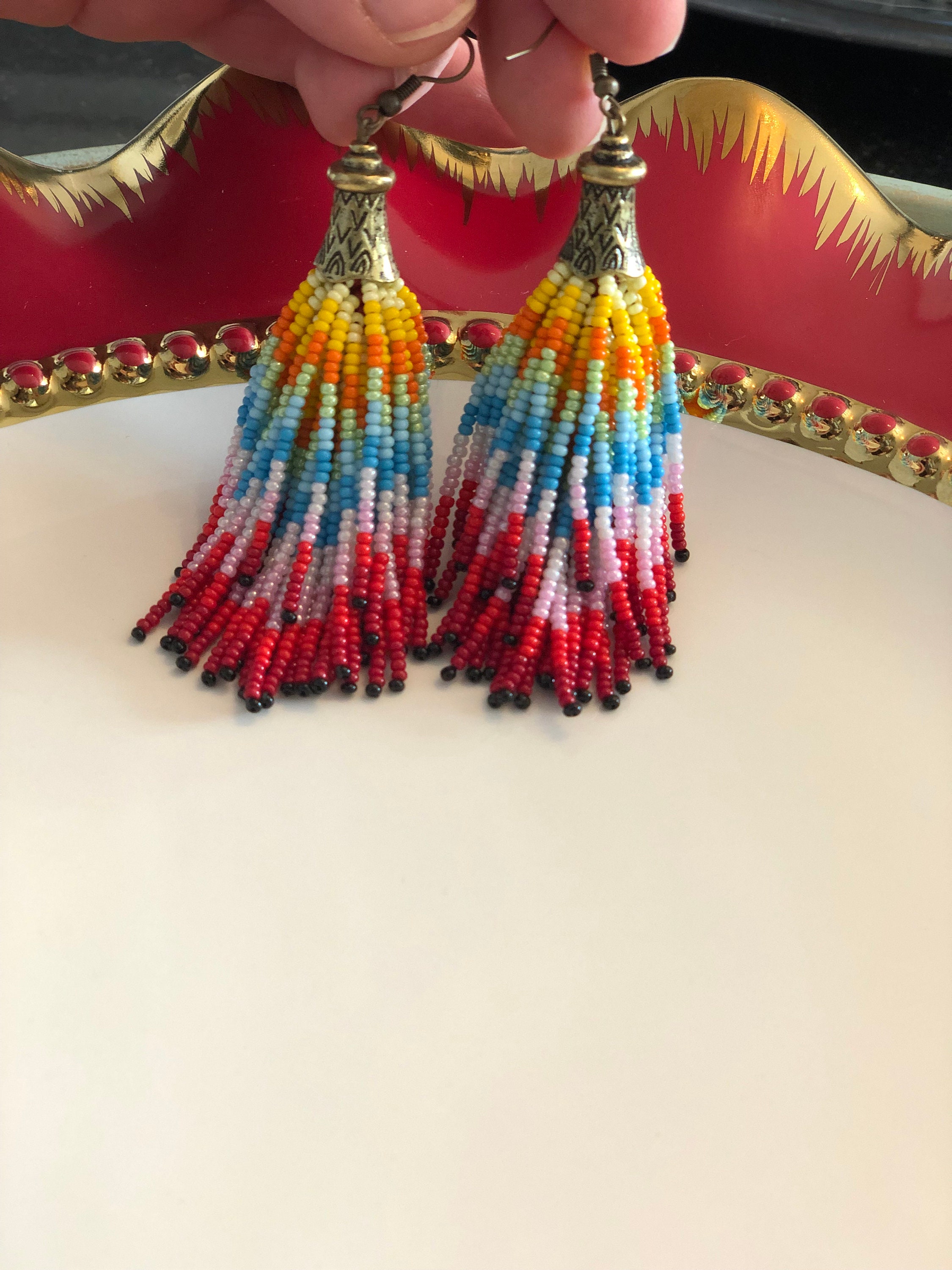 Beaded Fringe Rainbow Earrings Cute Chic Earrings Great Size - Etsy