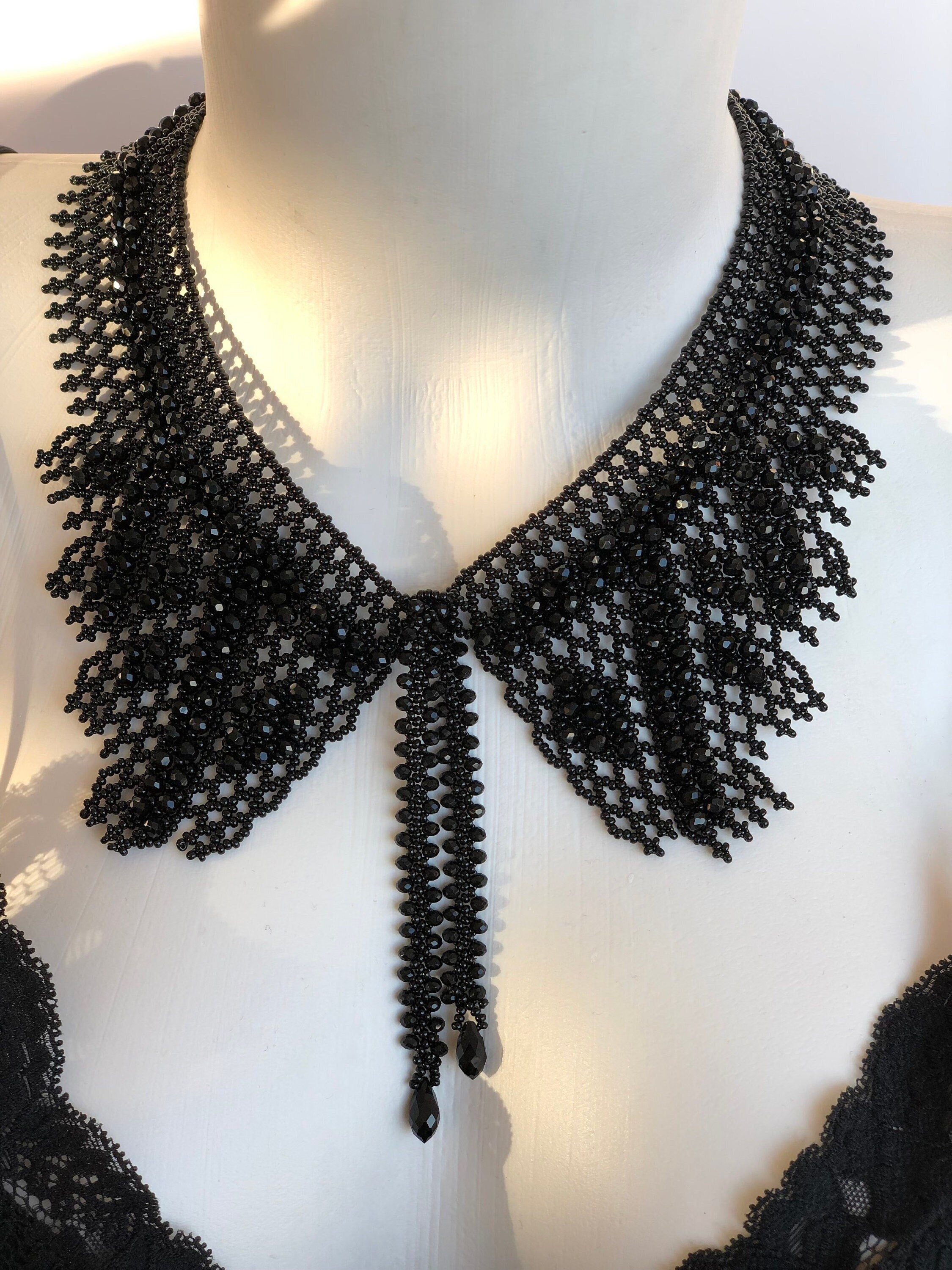 Hand Woven Black Seed Bead Bib Necklace Statement Necklace Etsy