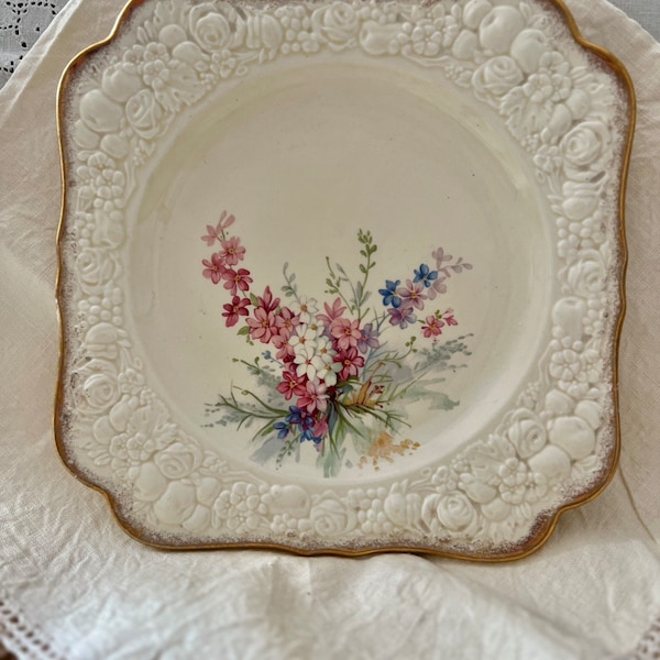 Antique Rare Crown Ducal Florentine square plate, made in England, raised pattern border, gold rim, floral center, prestine condition