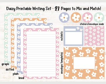 Daisy Flowers Printable Writing Set | Instant Download Stationery Bundle with Printable Stickers and Envelopes | A4 and US Letter Formats