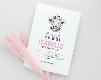 Invitación editable de león, animal de safari, invitación digital para cualquier edad, invitación de cumpleaños, cumpleaños de niña, invitación editable, invitación de animal