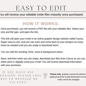Puede incluir: Un gr&aacute;fico de texto con instrucciones sobre c&oacute;mo editar una invitaci&oacute;n usando Canva. El texto dice "EASY TO EDIT" y "HOW IT WORKS:" seguido de una lista de pasos. El gr&aacute;fico tambi&eacute;n incluye un s&iacute;mbolo de coraz&oacute;n y el texto "Tenga en cuenta que los gr&aacute;ficos no se pueden alterar o reemplazar y las dimensiones generales de cada invitaci&oacute;n no se pueden cambiar."
