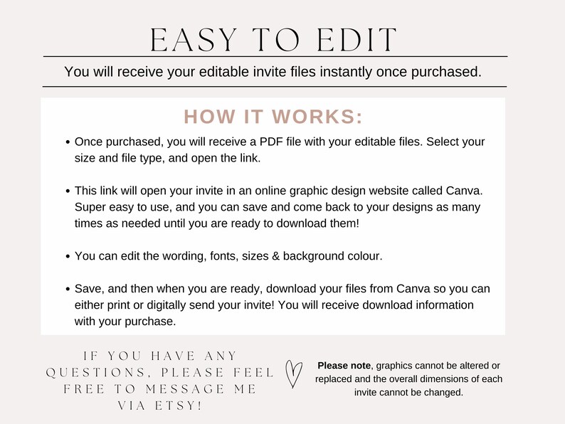 Puede incluir: Un gr&aacute;fico de texto con instrucciones sobre c&oacute;mo editar una invitaci&oacute;n usando Canva. El texto dice "EASY TO EDIT" y "HOW IT WORKS:" seguido de una lista de pasos. El gr&aacute;fico tambi&eacute;n incluye un s&iacute;mbolo de coraz&oacute;n y el texto "Tenga en cuenta que los gr&aacute;ficos no se pueden alterar o reemplazar y las dimensiones generales de cada invitaci&oacute;n no se pueden cambiar."