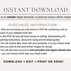 Puede incluir: Una hoja de informaci&oacute;n de descarga digital con el texto "INSTANT DOWNLOAD" en letras grandes y en negrita. El texto explica que la compra incluye un archivo PDF con un enlace a archivos de invitaci&oacute;n editables, acceso a la edici&oacute;n, descarga e instrucciones de impresi&oacute;n, y todos los tama&ntilde;os de los archivos de invitaci&oacute;n. El texto tambi&eacute;n indica que la compra incluye tanto archivos imprimibles como archivos editables digitales.