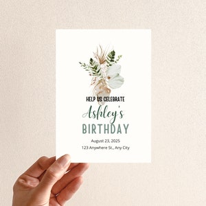 Puede incluir: Una tarjeta blanca con un dise&ntilde;o floral y el texto "HELP US CELEBRATE Ashley's BIRTHDAY August 23, 2025 123 Anywhere St., Any City"