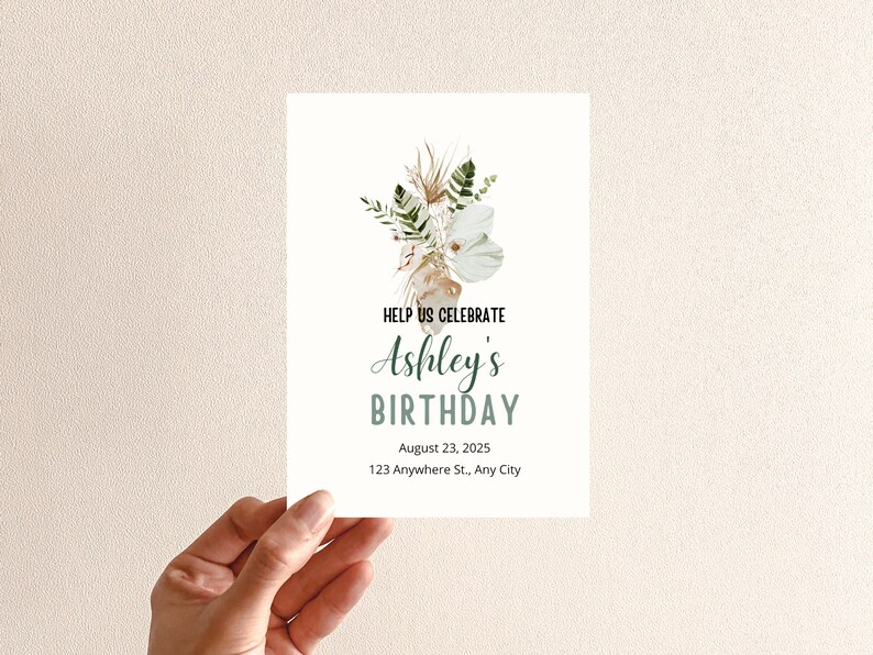 Puede incluir: Una tarjeta blanca con un dise&ntilde;o floral y el texto "HELP US CELEBRATE Ashley's BIRTHDAY August 23, 2025 123 Anywhere St., Any City"