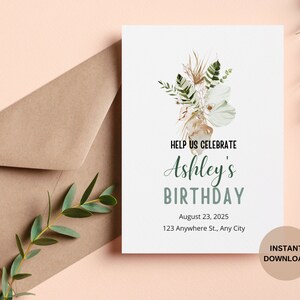 Puede incluir: Una tarjeta blanca con un dise&ntilde;o floral y el texto "Help us celebrate Ashley's Birthday" con la fecha 23 de agosto de 2025 y una direcci&oacute;n. La tarjeta tiene las palabras "Instant Download" en la esquina inferior derecha.