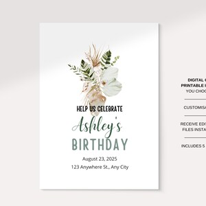 Puede incluir: Una invitaci&oacute;n de cumplea&ntilde;os imprimible con un dise&ntilde;o floral. La invitaci&oacute;n dice "Help us celebrate Ashley's Birthday" con la fecha 23 de agosto de 2025 y una direcci&oacute;n. La invitaci&oacute;n tambi&eacute;n dice "Digital or Printable Invite You Choose, Customisable, Receive Editable Files Instantly, Includes 5 Sizes."