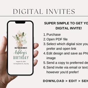 Puede incluir: Una plantilla de invitaci&oacute;n digital para una fiesta de cumplea&ntilde;os. La plantilla presenta un dise&ntilde;o floral con un esquema de color verde y blanco. El texto en la plantilla dice "Help us celebrate Ashley's Birthday" e incluye la fecha y la ubicaci&oacute;n de la fiesta.