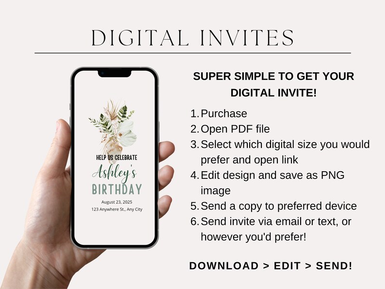 Puede incluir: Una plantilla de invitaci&oacute;n digital para una fiesta de cumplea&ntilde;os. La plantilla presenta un dise&ntilde;o floral con un esquema de color verde y blanco. El texto en la plantilla dice "Help us celebrate Ashley's Birthday" e incluye la fecha y la ubicaci&oacute;n de la fiesta.