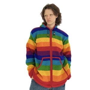Knitted Handmade  Winter Jacket | Colorful wool Jacket | Wool Fleece Lined | Handmade in Nepal |Rainbow wool jacket