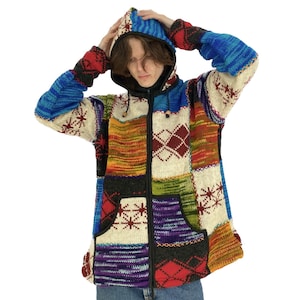 Knitted Handmade  Winter Jacket | Colorful wool Jacket | Wool Fleece Lined | Handmade in Nepal |Patches wool jacket
