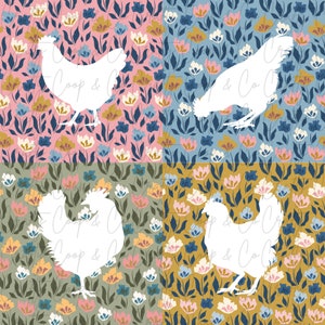 May include: A seamless pattern featuring four white chicken silhouettes on a background of colorful floral designs. The chickens are facing different directions and are surrounded by a variety of flowers in shades of pink, blue, green, and yellow.