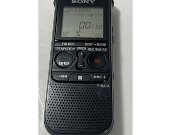 May include: Black Sony digital voice recorder with a small LCD screen displaying "FOLDER01" and "00/00". The recorder has buttons for folder, play/stop, speed, rec/pause, enter, and t-mark.