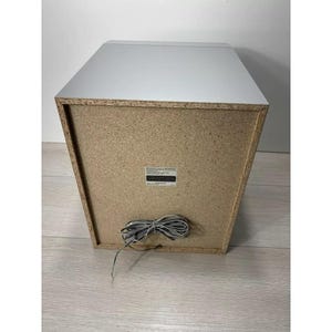 Pu&ograve; includere: Un subwoofer bianco con un pannello dell'altoparlante in legno e una piccola etichetta sul davanti. Il subwoofer ha un filo.
