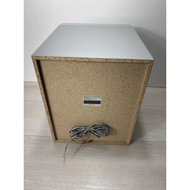 Pu&ograve; includere: Un subwoofer bianco con un pannello dell'altoparlante in legno e una piccola etichetta sul davanti. Il subwoofer ha un filo.