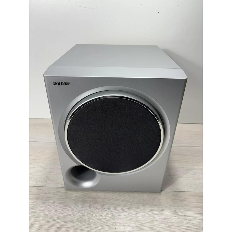 Pu&ograve; includere: Un subwoofer Sony argentato con un grande altoparlante nero.