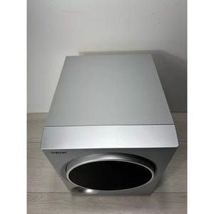 Pu&ograve; includere: Un subwoofer argentato con una griglia per altoparlanti nera. L'altoparlante ha la scritta "SONY" stampata sul davanti.
