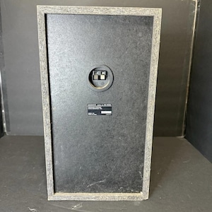 May include: Rear view of a Sony SS-WS82 speaker system. The speaker has a dark gray surface with a circular connector and a rectangular label. The frame is a light gray color.
