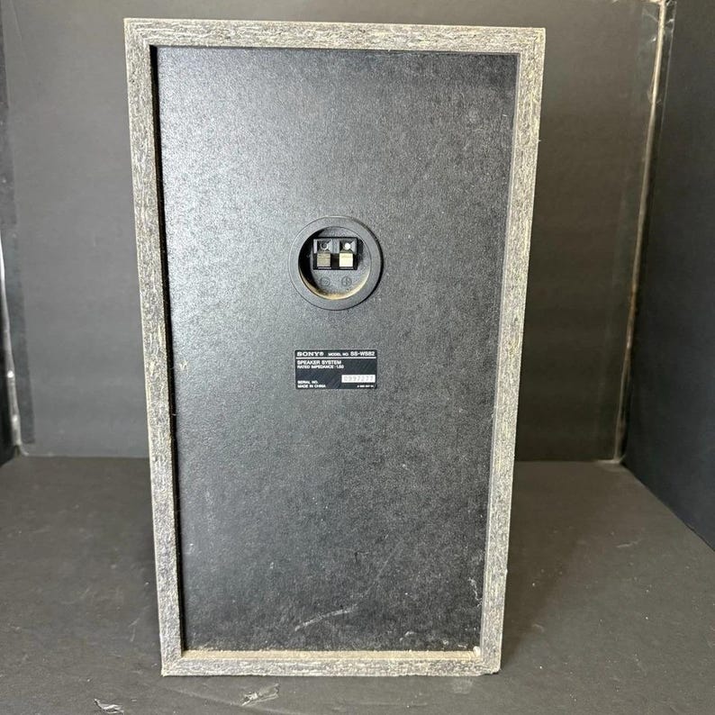 May include: Rear view of a Sony SS-WS82 speaker system. The speaker has a dark gray surface with a circular connector and a rectangular label. The frame is a light gray color.