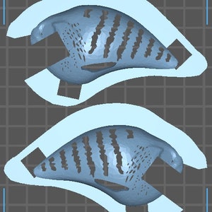 May include: Two blue and gray 3D printed fish models with black stripes. The fish are positioned with their mouths open and their tails pointing to the right.