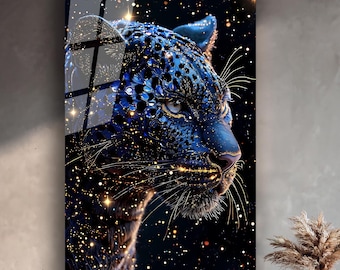 Celestial Blue Leopard Tempered Glass Wall Art – Cosmic Jaguar Sparkle Decor