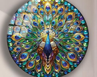 Tempered Glass Peacock Wall Art: Abstract Round Decor
