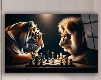 Lion vs Tiger Chess Match Tempered Glass Wall Art, Animal Strategy Decor