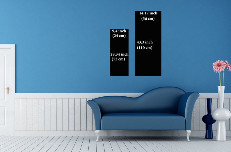 May include: Two black rectangular wall art pieces are displayed on a blue wall. The smaller piece is 9.4 inches (24 cm) wide and 28.34 inches (72 cm) tall. The larger piece is 14.17 inches (36 cm) wide and 43.3 inches (110 cm) tall.