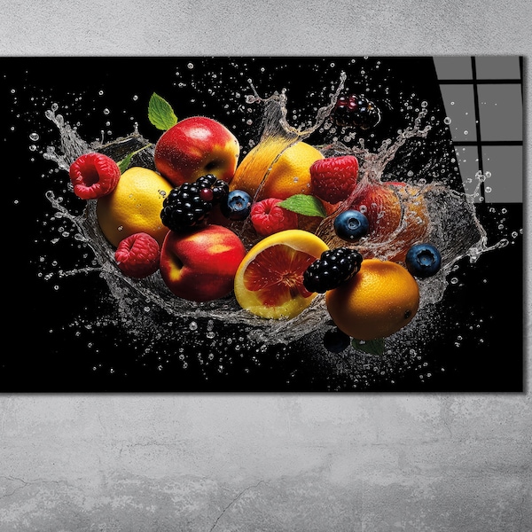 Pintura de vidrio templado de tamaño mega-Decoración de pared de cocina-Arte de pared de cocina-Arte de pared de frutas-Arte de pared de alimentos-Arte de pared de vidrio templado-Decoración de cocina