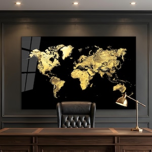 Väggkonst i härdat glas i guld, världskarta, modern kontorsinredning