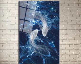 Abstract Koi Fish Tempered Glass Wall Art – Ethereal Blue Ocean Life Decor
