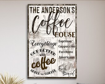 Personalized Coffee House Sign, Coffee Shop Sign, Cafe Decor, Freshly Brewed Coffee House, Kitchen Decor, Farmhouse Wall Art, Canvas Print