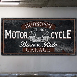 Custom Motorcycle Garage Sign, Personalized Garage Decor, Garage Wall Art, Rustic Workshop Decor, Man Cave Wall Decor, Large Canvas Print