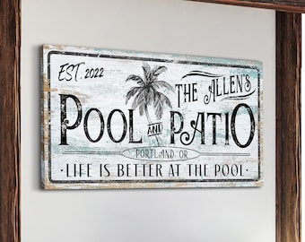 Personalized Pool & Patio Sign, Pool Sign, Swimming Pool Decor, Outdoor Decor, Backyard Pool Decor, Farmhouse Wall Art, Large Canvas Print