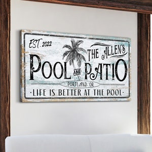 Personalized Pool & Patio Sign, Pool Sign, Swimming Pool Decor, Outdoor Decor, Backyard Pool Decor, Farmhouse Wall Art, Large Canvas Print