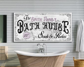 Custom Bath House Sign, Bathroom Sign, Vintage Bathroom Decor, Bathroom Wall Hanging, Modern Farmhouse Bathroom Sign, Large Canvas Print Art