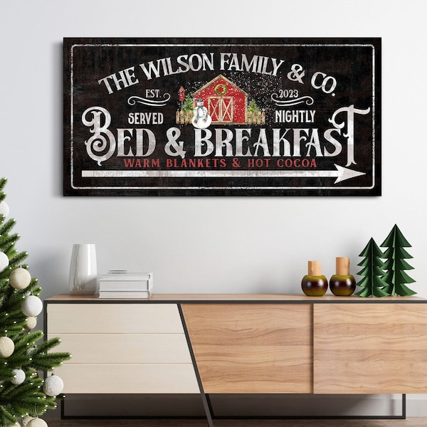 Personalized Bed & Breakfast Sign, Hot Cocoa and Warm Blankets Sig, Farmhouse Christmas Gift, Custom Holiday Winter Decor, North Pole Sign